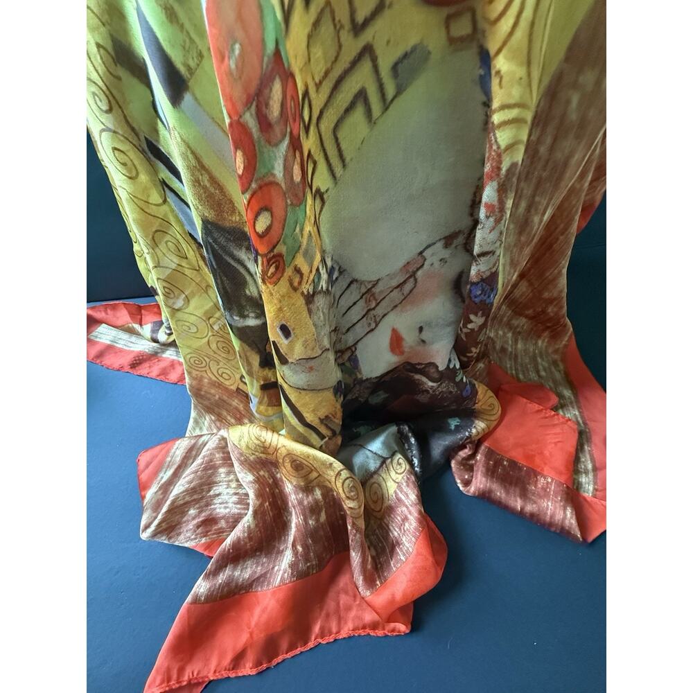 Vintage Hand Rolled Silk Gustav Klimt Scarf The Kiss Artsy Colorful 34x34 - Picture 4 of 5